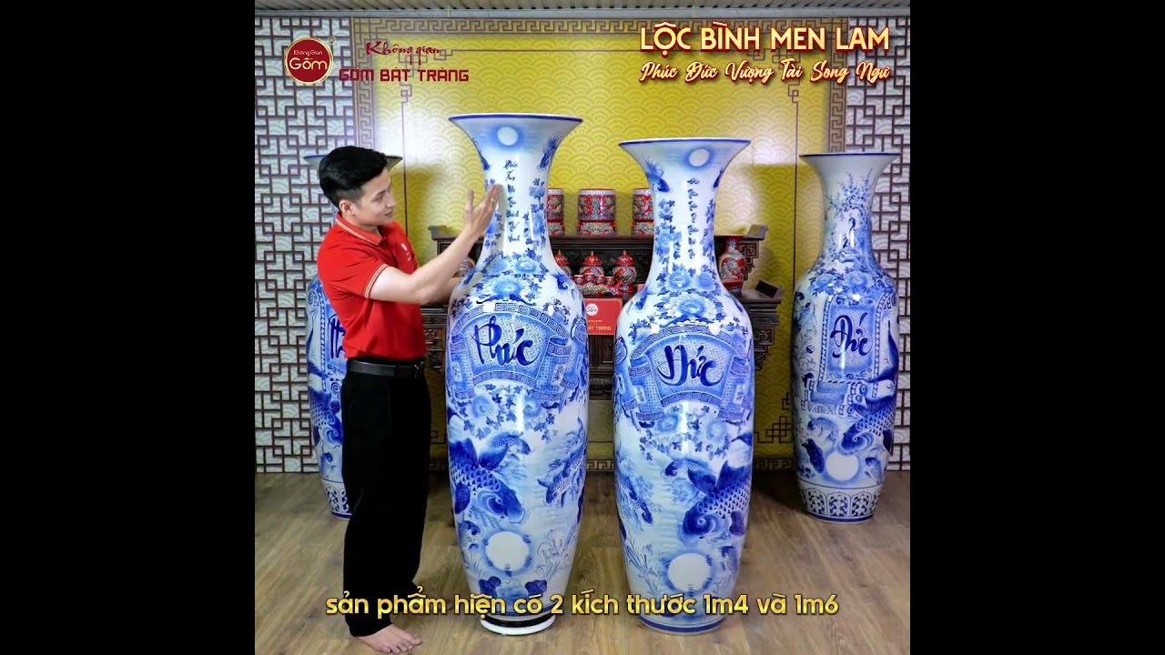 Lộc Bình Men Lam Họa Tiết Phúc Đức Vượng Tài Song Ngư