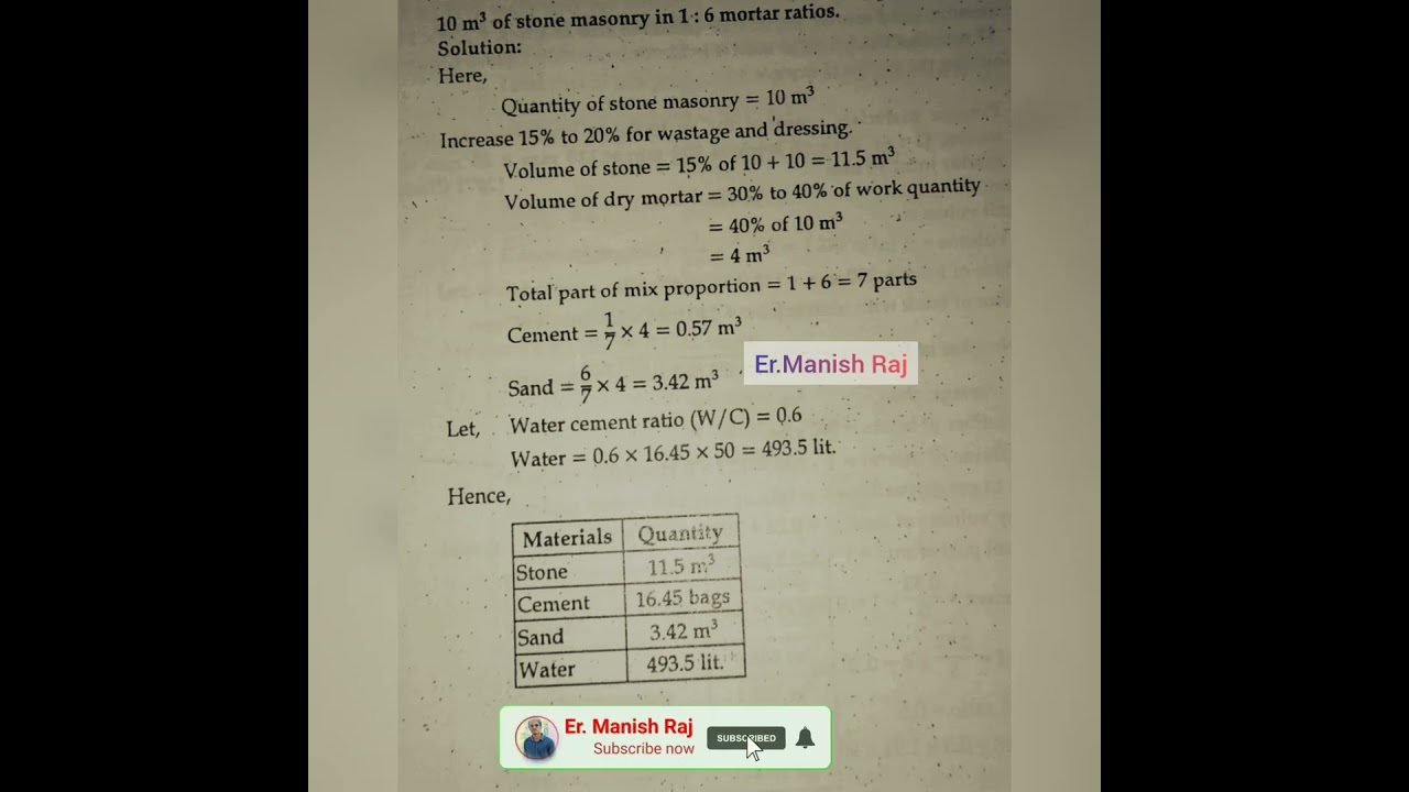 Quantity of Cement Sand and Water required for Stone Masonry Wall | Estimation and Costing | #viral