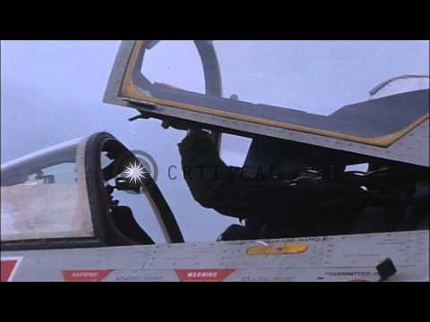 A US Navy A-7A Corsair 2 aircraft takes off from USS Ranger underway in the South...HD Stock Footage