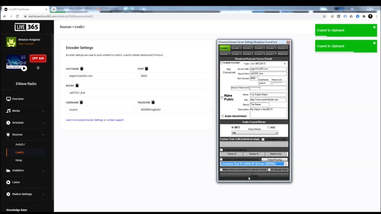 Live365 Encoder Connection