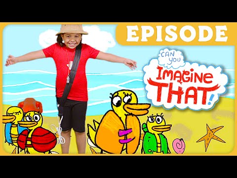 Smiling kid in red shirt and hat on a cartoon beach background with ducks; 'Imagine That!' logo and yellow 'EPISODE' banner