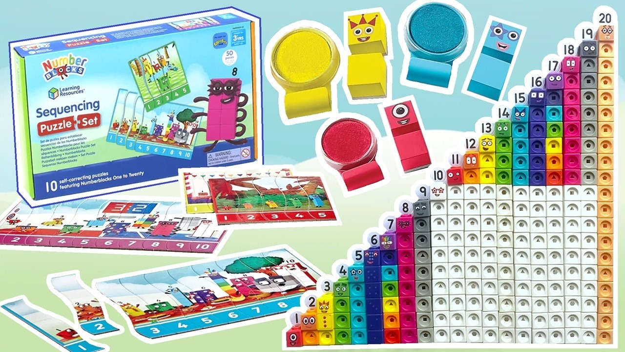 Numberblocks Sequencing Puzzle Set | Numberblock Mathlink Cubes 1-20 | Numberblock Stampoline Set