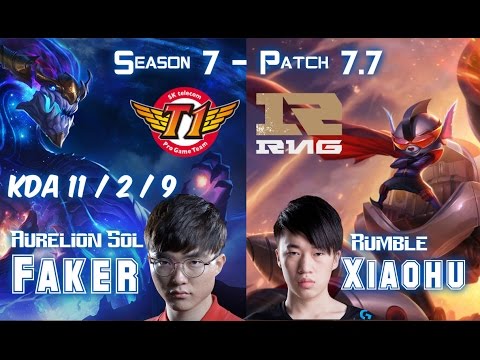 SKT T1 Faker AURELION SOL vs RNG Xiaohu RUMBLE Mid - Patch 7.7 KR Ranked