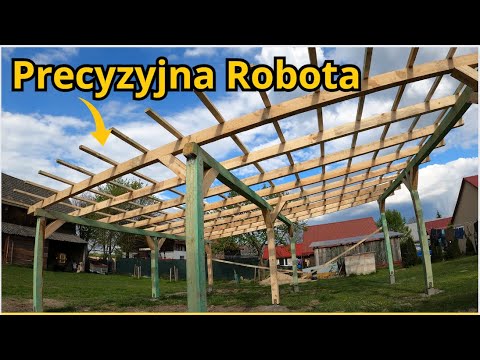Budowa drewnianej konstrukcji garażu. Słupy nośne, płatew krokwie i łaty. Budowa Garażu cz.2