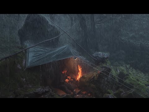 Surviving Under the Rocks | Extreme Rain Storm Survival in the Wilderness - fireplace 