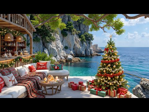 Christmas Jazz Music at Seaside Cafe Ambience 🎄 Relaxing Bossa Nova & Waves Sounds for Happy Mood
