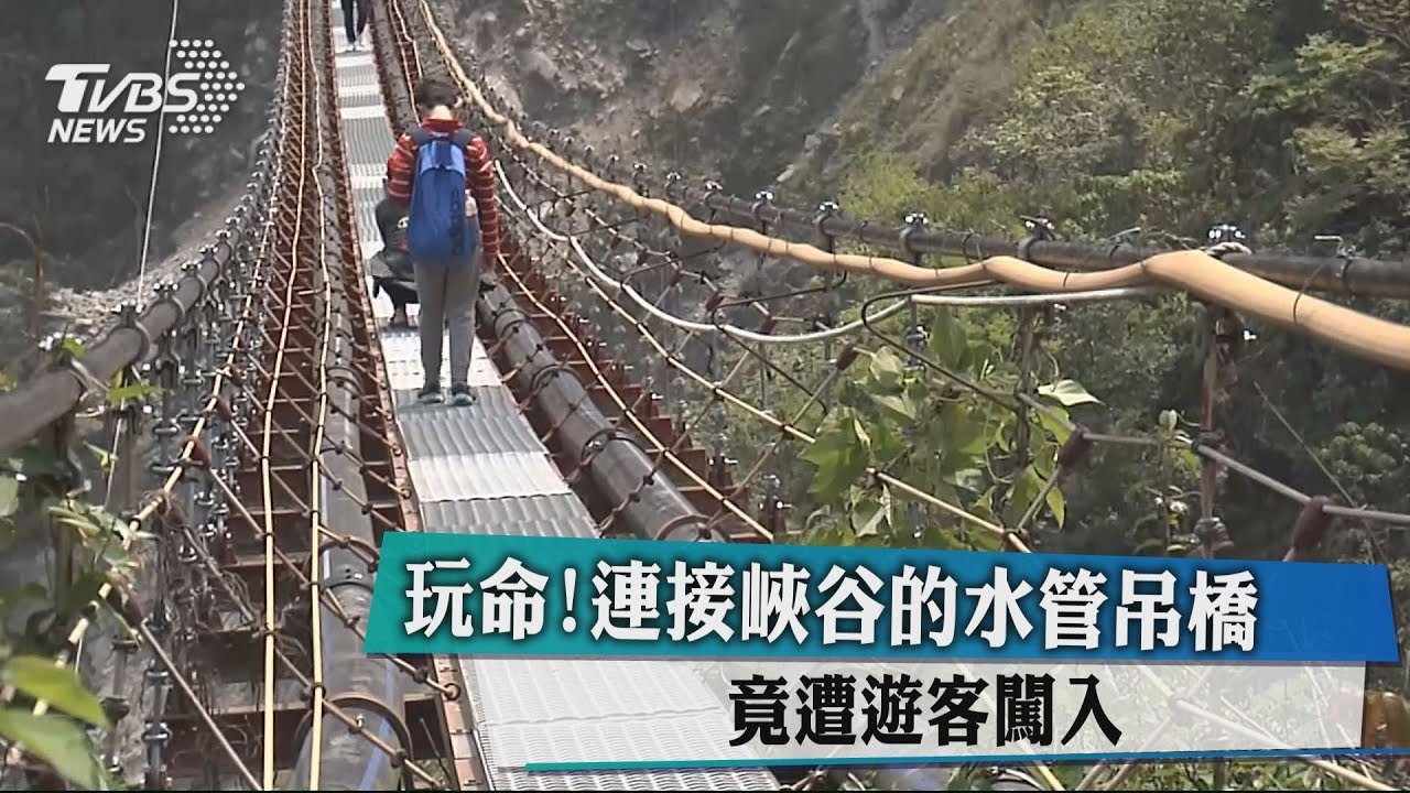 玩命!連接峽谷的水管吊橋 竟遭遊客闖入