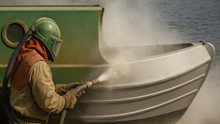 Sandblasting Paint Rust Algae off a wide beam canal house boat ready for repainting