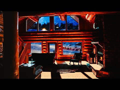 Ski Chalet Ambience w/ People Skiing Outside & Ski Lift, Fireplace inside | Cozy Ski Lodge Ambience