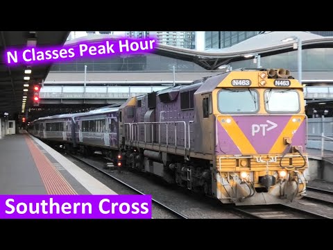 V/Line N Class locomotive-hauled trains at Southern Cross Station during Peak Hour