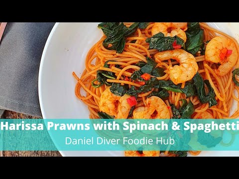 Harissa Prawns with spinach and spaghetti