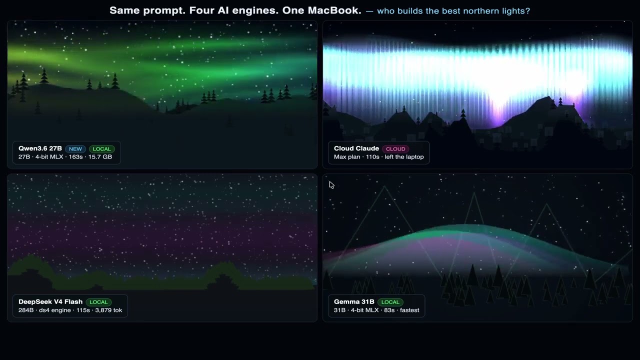 The Rematch — 4 AI engines build northern lights on one MacBook, 3 fully local