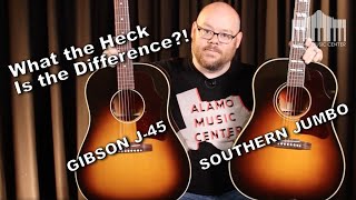 Video thumbnail for What the heck is the difference between the Gibson J-45 and Gibson Southern Jumbo?! by Alamo Music Center