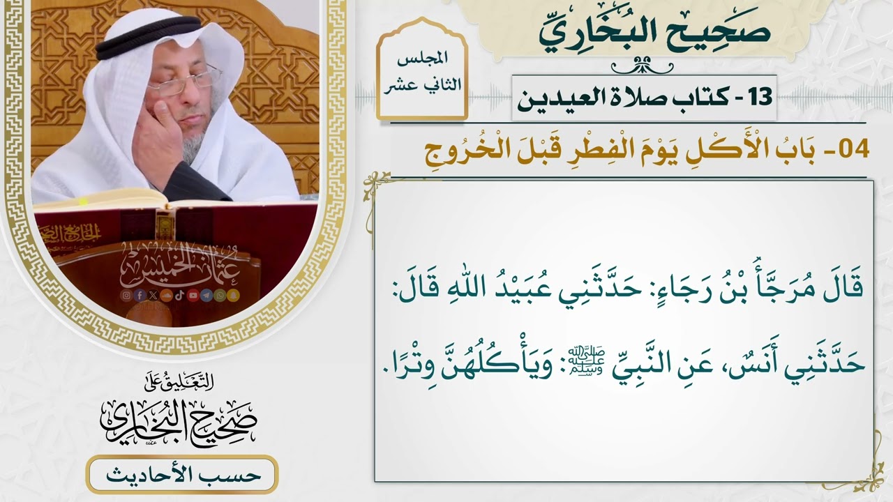 [953] حديث: كان رسول الله لا يغدو يوم الفطر حتى يأكل تمرات [[كتاب العيدين]]