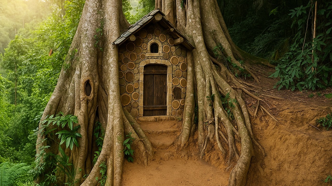 Building a Warm and Cozy Bushcraft Shelter inside an Ancient Tree for Survival in the Rainforest