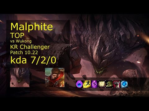 Malphite Top vs Wukong - KR Challenger 7/2/0 Patch 10.22 Gameplay // [롤] 말파이트 vs 오공 탑