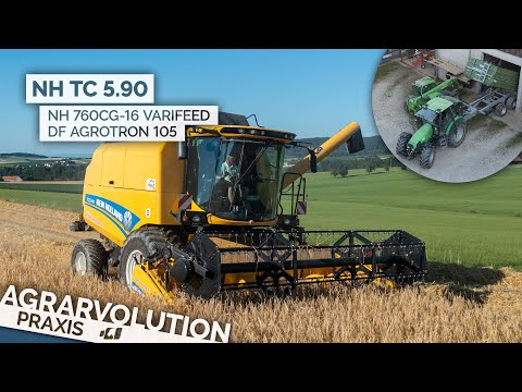 New Holland TC5.90 + 760CG-16 Varifeed • Gerste dreschen | Agrarvolution Praxis