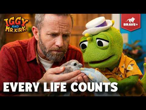 Bearded man holding a small chick wrapped in a blanket, while a green puppet gazes on; bold 'EVERY LIFE COUNTS' text overlays with Iggy and Mr. Kirk branding and Brave+ logo.