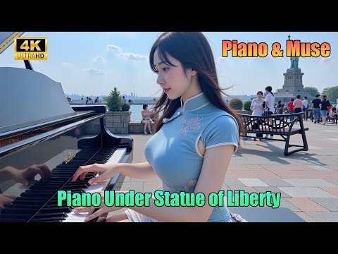 AI Girl Playing Piano at the Statue of Liberty 🎹🇺🇸 | 4K Ultra-Realistic Beauty in Motion