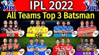 IPL 2022 | All Teams Top 3 Batters | All Teams Top 3 Batsman List | All Teams Best Batsman IPL 2022