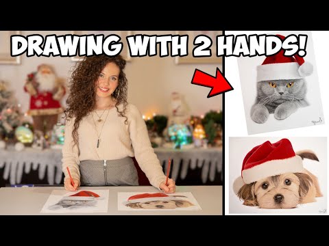 Drawing with two hands at the same time - Christmas art - Realistic cat and dog