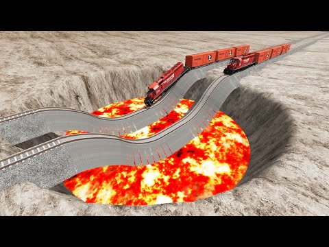 Impossible Weird Wave Rail Tracks Vs Trains Crossing Giant Pit - BeamNG.Drive