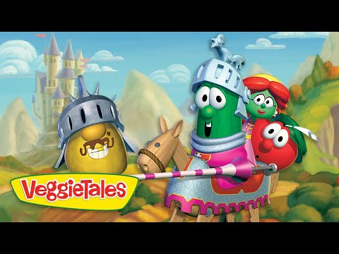 Cartoon VeggieTales characters dressed as knights ride a wooden horse in a bright valley with a castle in the background.