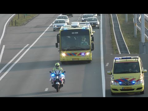 Politie begeleid GGB behandelbus 03-598 + 01-210 met coronapatiënten met spoed naar het UMCG