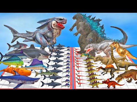 Dinosaur + Godzilla + Indominus Rex + Giganotosaurus VS Team Megalodon Rex Aqua Dinosaurs Battle