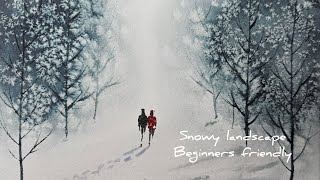 Painting a simple & peaceful winter scene/ snowy watercolor tutorial perfect for beginners 