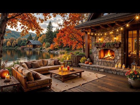 Autumn Cabin Jazz by the Lake | Warm Fireplace, Fall Colors & Relaxing Smooth Jazz Music