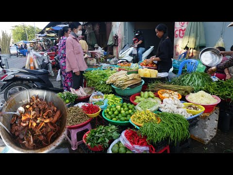 Cambodia Street Market in Evening - Daily Lifestyle of Vendors Selling Vegetable, Fish, Pork & More