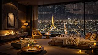Cozy Paris Jazz 🌧️🔥 Rainy Eiffel View & Warm Bedroom | Relaxing Jazz for Study & Sleep
