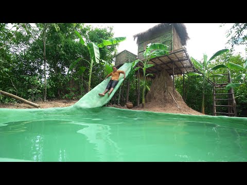 Amazing Girl Build Bamboo Villa and Water Slide To Swimming Pool Underground