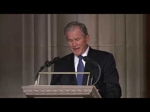 George W Bush cries during George H.W Bush's eulogy