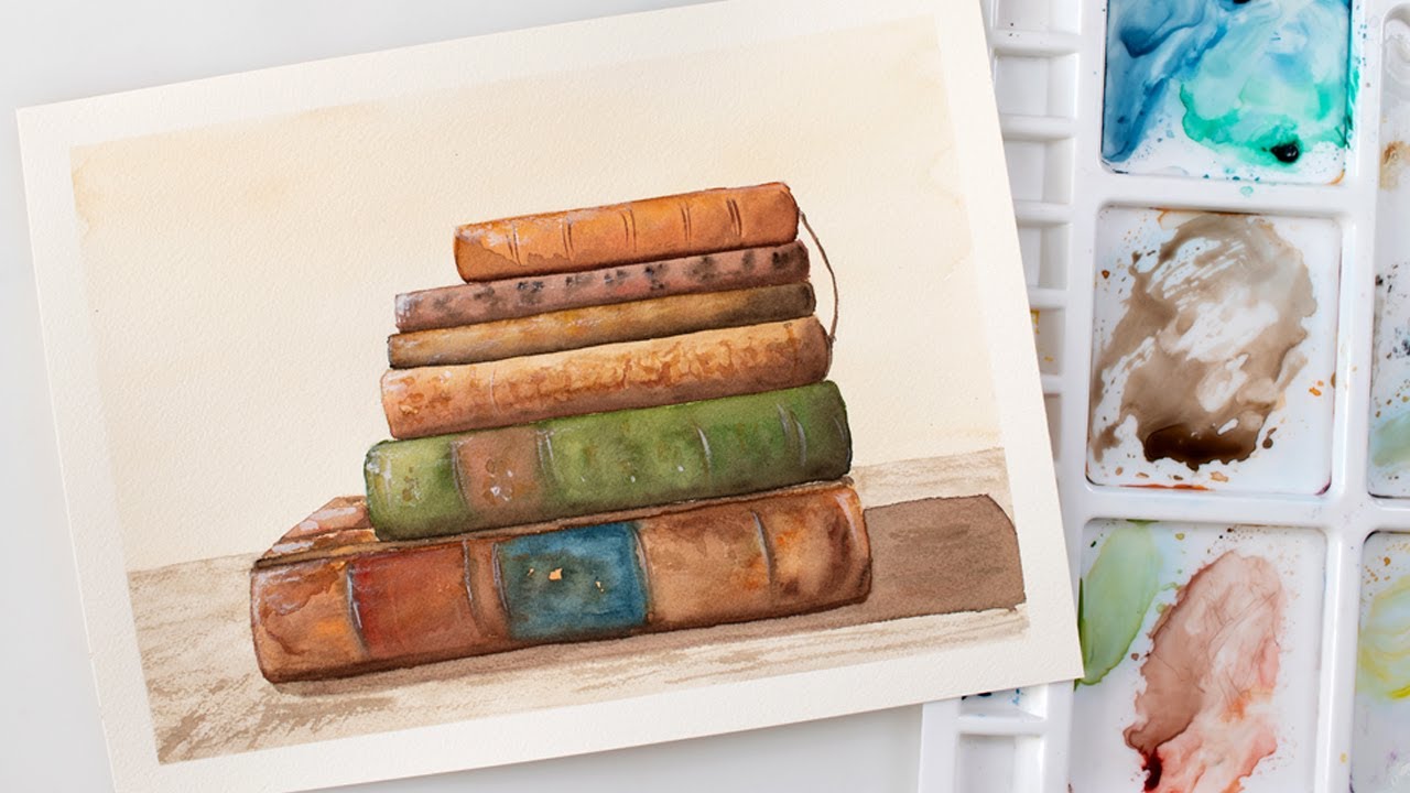 Watercolor stack of OLD BOOKS - easy step by step painting process