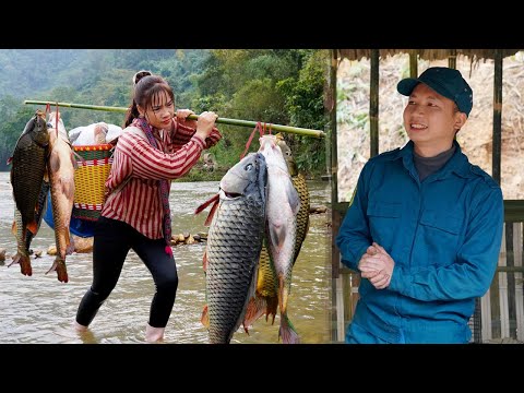 Single mother catches giant fish in fishing trap. Policeman helps preserve pork during winter