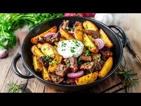 Dieses Pfannengericht begeistert jeden Fleischliebhaber: STEAK-KARTOFFEL- PFANNE alla Stroganoff