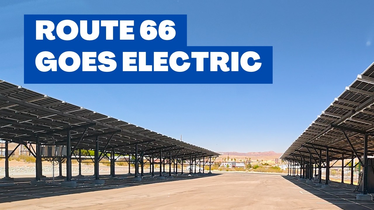 Off-grid solar-powered EV charging station with a panel canopy on Route 66 in Barstow