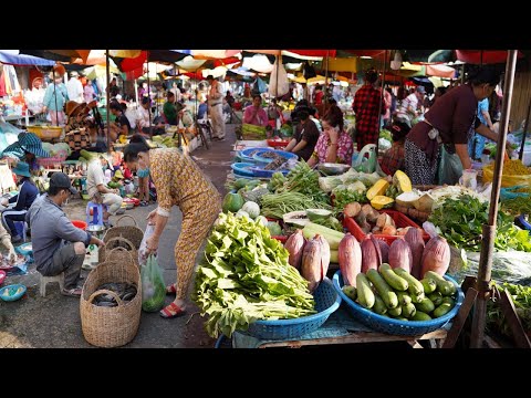 Chbar Ampov Vegetable Market Tours - Rural Fish, Chicken, Head of Pigs, Fresh Vegetable & More Food