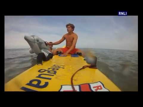 Joss Bay RNLI lifeguard rescues 9 year old boy drifting out to sea on inflatable dolphin