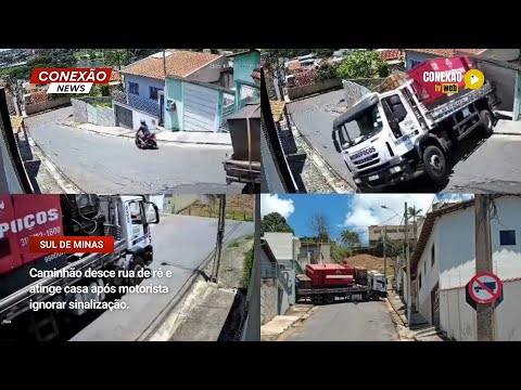 Vídeo: Caminhão desce rua de ré e atinge casa após motorista ignorar sinalização.