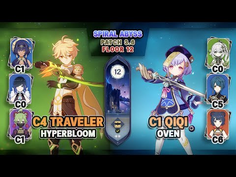 C4 Dendro Traveler Hyperbloom & C1 Qiqi Oven | Spiral Abyss 3.6 Floor 12 - Genshin Impact