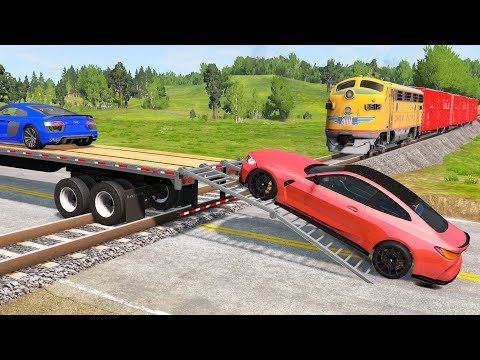Cars vs Rails and Train - Crane Truck & Flatbed Trailer Tractor Truck Rescue Cars on Rails - BeamNG