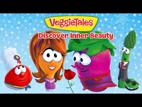 VeggieTales cover featuring colorful veggie characters—tomato chef, a girl veggie, a pink veggie with a rose, asparagus in a suit, and a green car—against a snowy blue background with ‘VeggieTales Discover Inner Beauty’ text.
