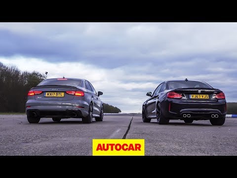 Drag race: Audi RS3 vs BMW M2, rolling race | What's the fastest £50k compact car? | Autocar