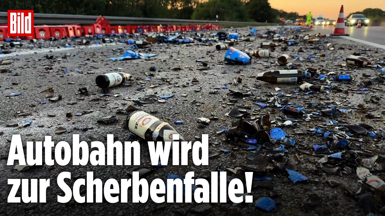 OFFENBURG: Scherbenfalle auf der A5 nach Biertransporter-Crash! 80 Kisten Bier gehen zu Bruch!