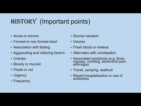 Diarrhea differential diagnosis, history, physical findings, and investigations.