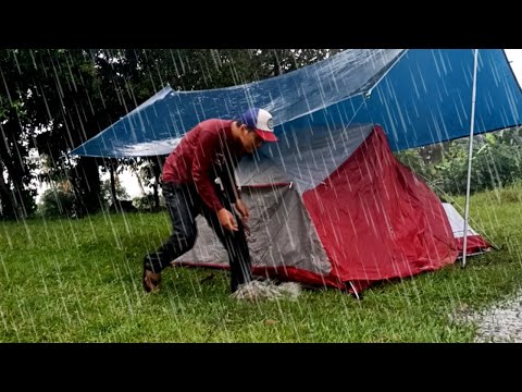 BEST HEAVY RAIN CAMPING - SOLO CAMPING IN HEAVY RAIN LONG THUNDERSTORMS - RELAXING CAMP