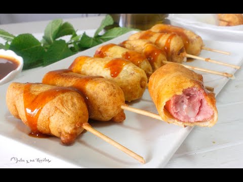 Brochetas de salchichas empanadas😍CORN DOGS AMERICANOS